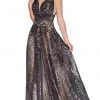 Cinderella Divine - Sequined Deep V-neck A-line Gown CD09 - 1 Pc Dark Silver In Size 6 Available