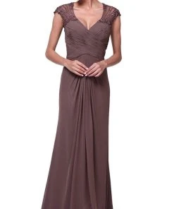 Cinderella Divine - Sheer Embellished V-neck Sheath Dress Formal Gowns