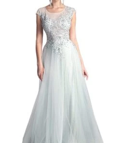 Cinderella Divine - Sheer Scoop Beaded Tulle A-Line Evening Gown