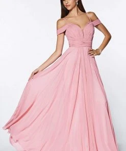 Cinderella Divine - Shirred Plunging Sweetheart Cold Shoulder Chiffon Gown Formal Gowns