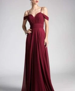 Cinderella Divine - Shirred Plunging Sweetheart Cold Shoulder Chiffon Gown Formal Gowns