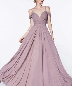 Cinderella Divine - Shirred Plunging Sweetheart Cold Shoulder Chiffon Gown Formal Gowns