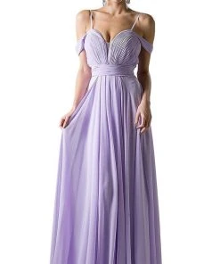 Cinderella Divine - Shirred Plunging Sweetheart Cold Shoulder Chiffon Gown Formal Gowns