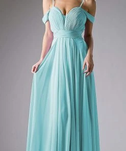 Cinderella Divine - Shirred Plunging Sweetheart Cold Shoulder Chiffon Gown Formal Gowns