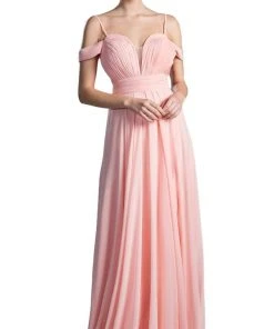 Cinderella Divine - Shirred Plunging Sweetheart Cold Shoulder Chiffon Gown Formal Gowns