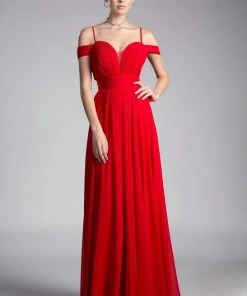 Cinderella Divine - Shirred Plunging Sweetheart Cold Shoulder Chiffon Gown Formal Gowns