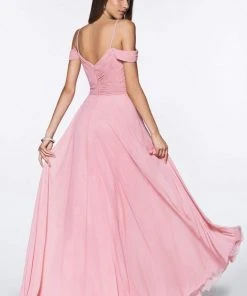Cinderella Divine - Shirred Plunging Sweetheart Cold Shoulder Chiffon Gown Formal Gowns