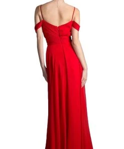 Cinderella Divine - Shirred Plunging Sweetheart Cold Shoulder Chiffon Gown Formal Gowns