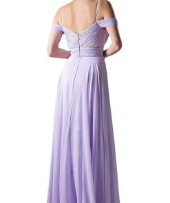 Cinderella Divine - Shirred Plunging Sweetheart Cold Shoulder Chiffon Gown Formal Gowns