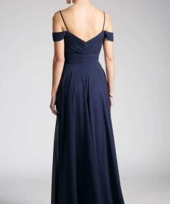 Cinderella Divine - Shirred Plunging Sweetheart Cold Shoulder Chiffon Gown Formal Gowns