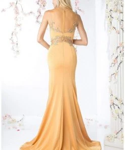 Formal Gowns Cinderella Divine - SL765 Jersey Illusion Long Sheath Dress