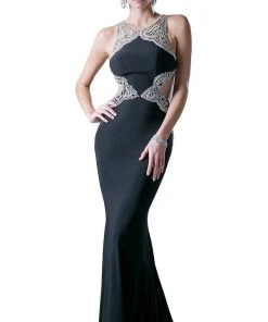 Formal Gowns Cinderella Divine - Sleeveless Beaded Halter Jersey Sheath Dress