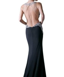 Formal Gowns Cinderella Divine - Sleeveless Beaded Halter Jersey Sheath Dress