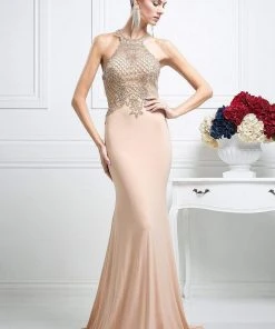Formal Gowns Cinderella Divine - Sleeveless Beaded Halter Neck Sheath Dress