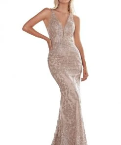 Formal Gowns Cinderella Divine - Sleeveless Beaded Lace Evening Gown HT074 - 1 Pc Champagne Gold In Size 10 Available