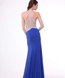 Formal Gowns Cinderella Divine - Sleeveless Bedazzled Illusion Halter Sheath Dress
