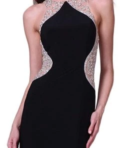 Formal Gowns Cinderella Divine - Sleeveless Bedazzled Illusion Halter Sheath Dress