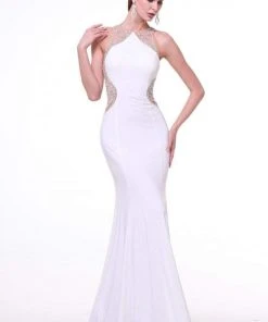 Formal Gowns Cinderella Divine - Sleeveless Bedazzled Illusion Halter Sheath Dress