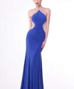 Formal Gowns Cinderella Divine - Sleeveless Bedazzled Illusion Halter Sheath Dress