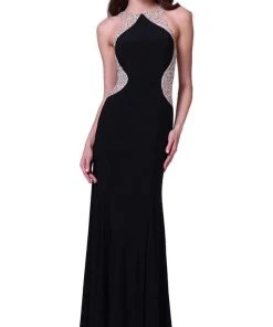Formal Gowns Cinderella Divine - Sleeveless Bedazzled Illusion Halter Sheath Dress