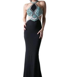 Cinderella Divine - Sleeveless Embellished Halter Sheath Dress
