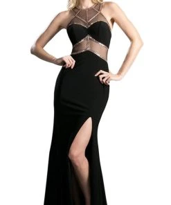 Cinderella Divine - Sleeveless Embellished Sheer Halter Fitted Dress Formal Gowns