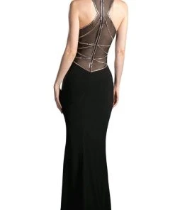 Formal Gowns Cinderella Divine - Sleeveless Illusion Beaded Sheath Evening Gown