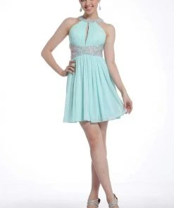 Cocktail Dresses Cinderella Divine - Sleeveless Jeweled Halter Neck Cocktail Dress