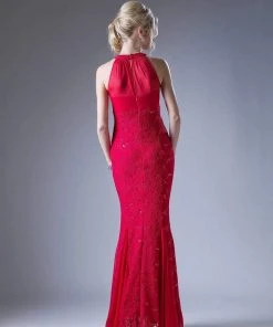 Cinderella Divine - Sleeveless Lace Illusion Halter Sheath Dress