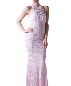 Cinderella Divine - Sleeveless Lace Illusion Halter Sheath Dress
