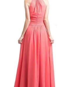 Cinderella Divine - Sleeveless Ruched Halter A-line Dress Formal Gowns