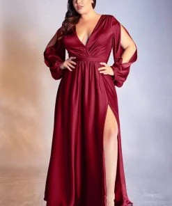 Cinderella Divine - Split Long Sleeve Sleek A-Line Gown 7475C - 1 Pc Mauve In Size 24 Available