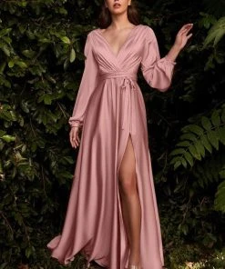 Cinderella Divine - Split Sleeve Plunging High Slit Dress 7475 Formal Gowns