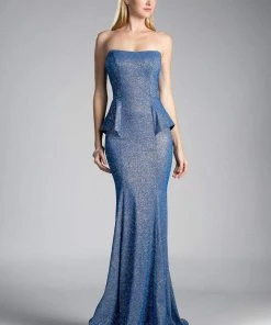 Cinderella Divine - Strapless Straight Neck Metallic Knit Dress Formal Gowns