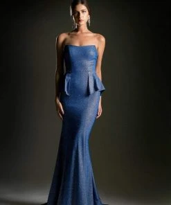 Cinderella Divine - Strapless Straight Neck Metallic Knit Dress Formal Gowns