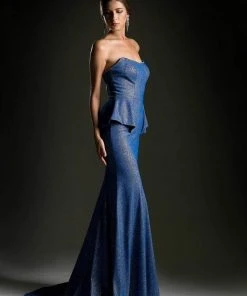 Cinderella Divine - Strapless Straight Neck Metallic Knit Dress Formal Gowns