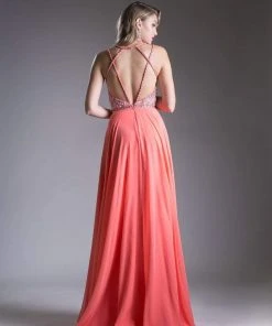 Formal Gowns Cinderella Divine - Strappy Beaded Plunging Chiffon Evening Dress