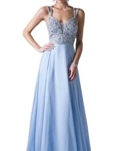 Formal Gowns Cinderella Divine - Strappy Beaded Plunging Chiffon Evening Dress