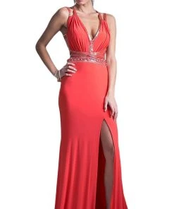 Formal Gowns Cinderella Divine - Strappy Plunging V-Neck Slit Evening Dress