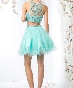 Cinderella Divine - Two-Piece Crystal Ornate Illusion A-Line Dress Cocktail Dresses