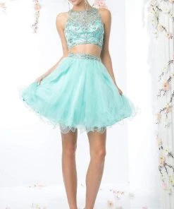 Cinderella Divine - Two-Piece Crystal Ornate Illusion A-Line Dress Cocktail Dresses