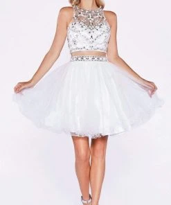 Cinderella Divine - Two-Piece Crystal Ornate Illusion A-Line Dress Cocktail Dresses