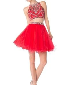 Cinderella Divine - Two-Piece Crystal Ornate Illusion A-Line Dress Cocktail Dresses