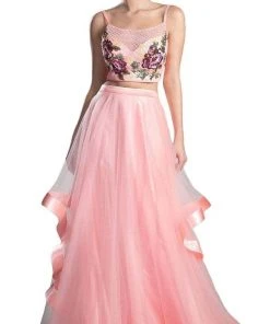Cinderella Divine - Two Piece Embroidered Tulle Evening Dress 11793 - 1 Pc Peach In Size 4 Available Formal Gowns