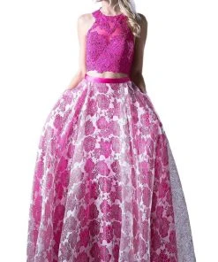 Formal Gowns Cinderella Divine - Two Piece Sequined Floral Printed A-line Gown