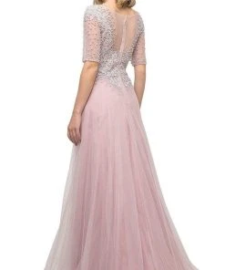 Cinderella Divine - U101 Beaded Lace Bateau A-line Dress With Train Formal Gowns