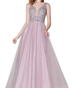 Cinderella Divine - U103 Beaded Plunging V-Neck A-Line Gown Formal Gowns