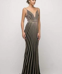 Cinderella Divine - UK017 Gold Beaded Stripe Sheath Gown Formal Gowns 9 Cinderella Divine - UK017 Gold Beaded Stripe Sheath Gown Formal Gowns