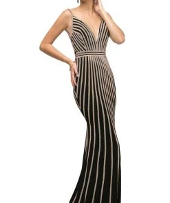 Cinderella Divine - UK017 Gold Beaded Stripe Sheath Gown Formal Gowns