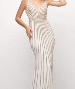 Cinderella Divine - UK017 Gold Beaded Stripe Sheath Gown Formal Gowns 10 Cinderella Divine - UK017 Gold Beaded Stripe Sheath Gown Formal Gowns